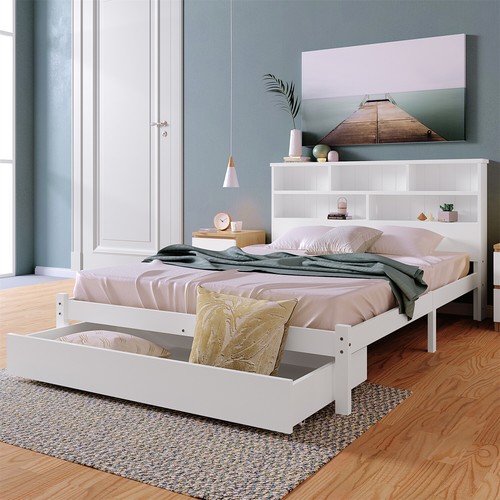 White wooden double size bed - wooden,